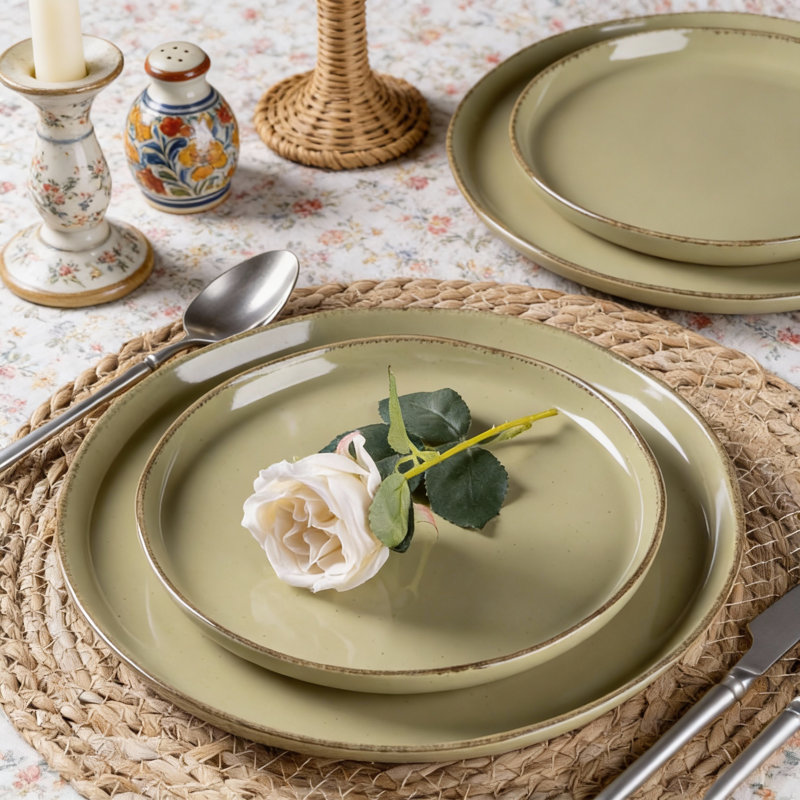 Service de table en céramique 12 pièces pour 4 personnes | Assiettes et bols en grès peint à la main avec dessous en terre cuite rustique et finition résistante aux égratignures