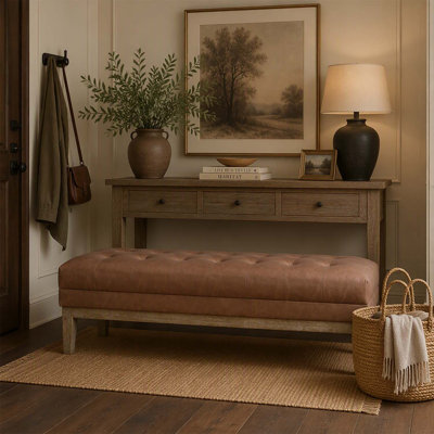 Banc rembourré en similicuir de 160 cm de large avec pieds en bois d'hévéa finition Seadrift, idéal pour créer des sièges supplémentaires et décorer plusieurs pièces.