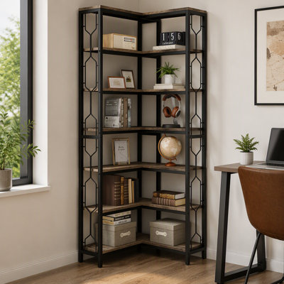 7-Tier Corner Bookshelf with Industrial Hexagonal Etagere Frame, Black Metal Storage Rack for Living Room, Study Corner and Bedroom