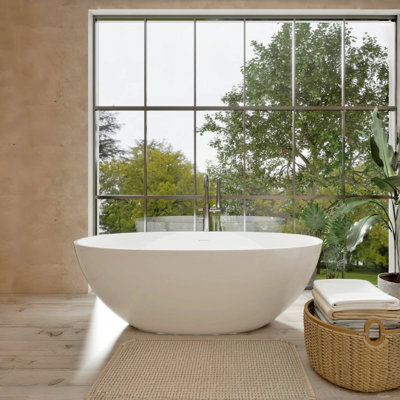 65" Freestanding Luxury Soaking Bathtub, Glossy White, Efficient Overflow And Pop - Up Drain, Non Porous Surface Stone Resin Warm Water Bathing, Spacious Stretch Room