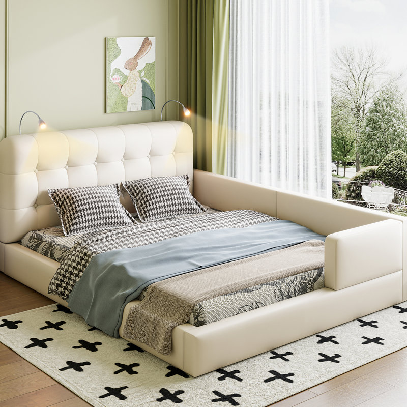 Grand lit plateforme tapissier avec 2 lumières de lecture blanches, White