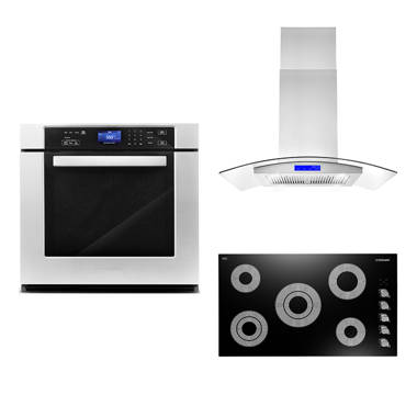 Cosmo 3 Piece Kitchen Appliance Package with 30 inch Electric Cooktop 30 inch Wall Mount Range Hood 30 inch Single Electric Wall Oven Kitchen