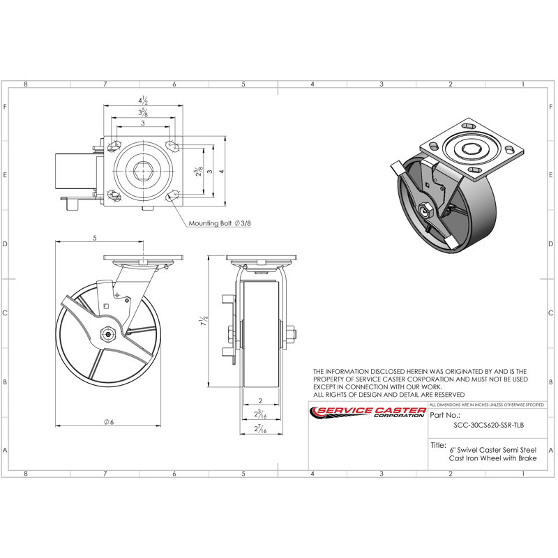 Semi Steel Swivel Caster Set with Roller Bearings and Brakes