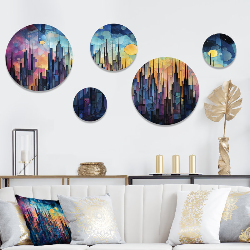 «Midnight Cityscape Spectrum 2», ensemble d'art mural rond sur 5