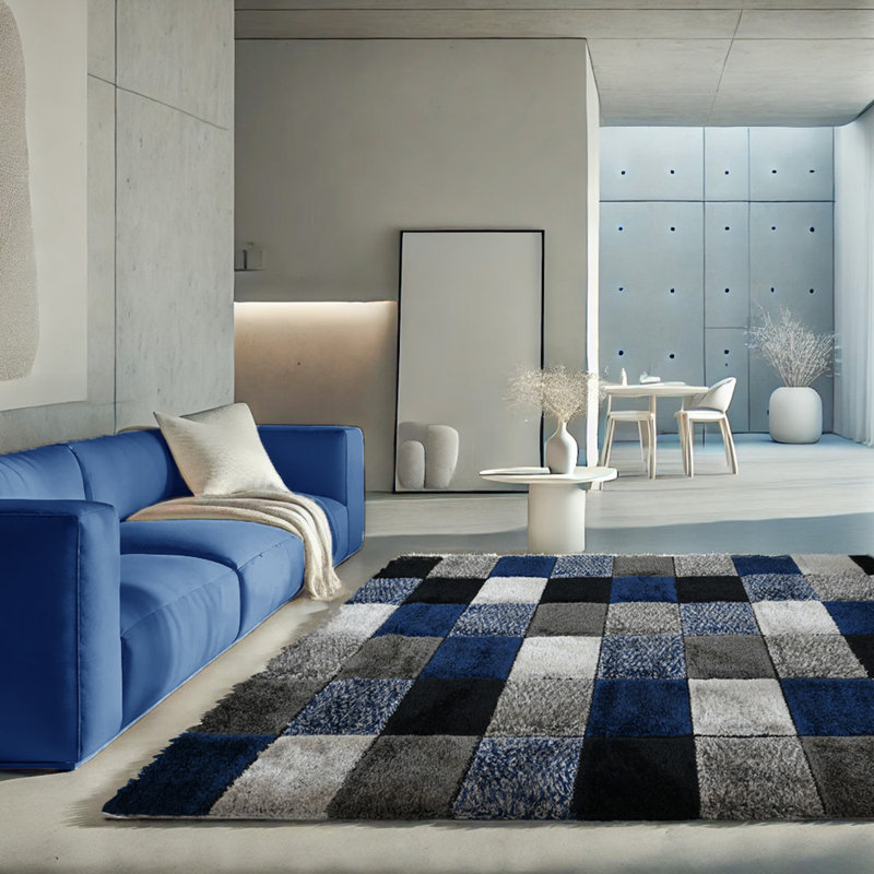 Shaggy Blocks High Pile Rug - Navy, Rectangle 60 x 110 cm