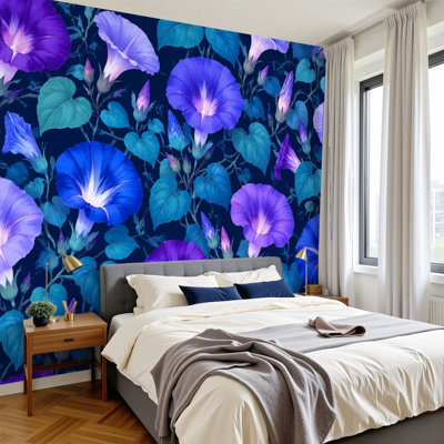 Papier peint adhésif pelez et collez, fleurs botaniques mauves et vibrantes, feuillage vert, art mural
