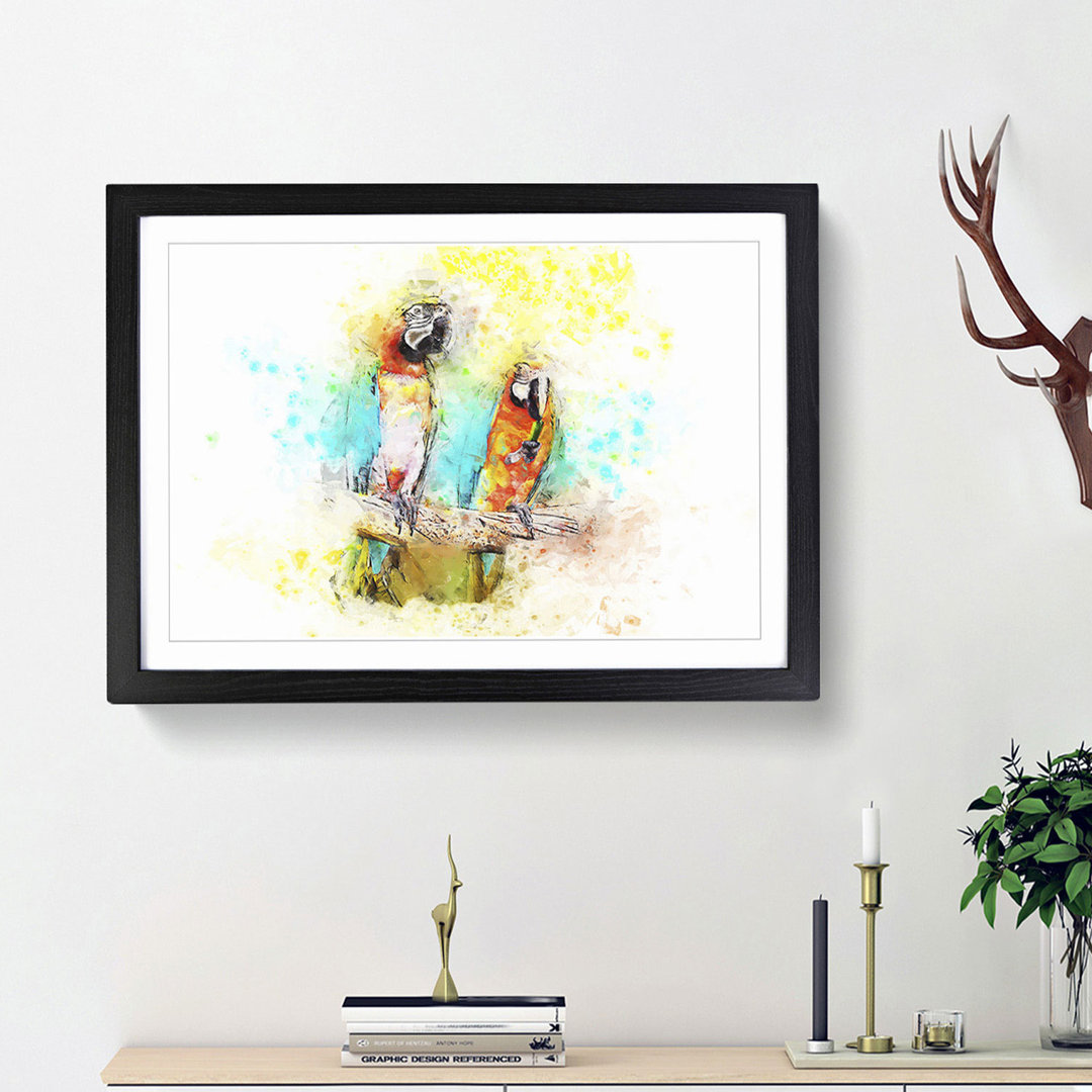 Two Macaw Parrots on a Branch in Abstract - Picture Frame Painting Print