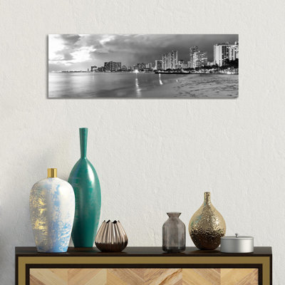 Honolulu Panoramic Skyline Cityscape (Black & White - Sunset) by Unknown Artist - Wrapped Canvas Panoramic Print