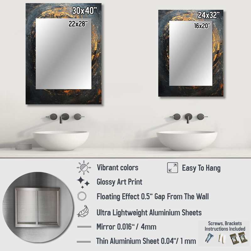 Black Gold Fractal Celestial Splendor - Abstract Spirals Unique Wall Mirror Decor, Gold Large Mirror, Printed Metal Art