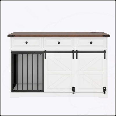 Élégant meuble cage pour chien de ferme avec 3 tiroirs de rangement, une porte de grange coulissante et une porte latérale pour chiens de taille moyenne