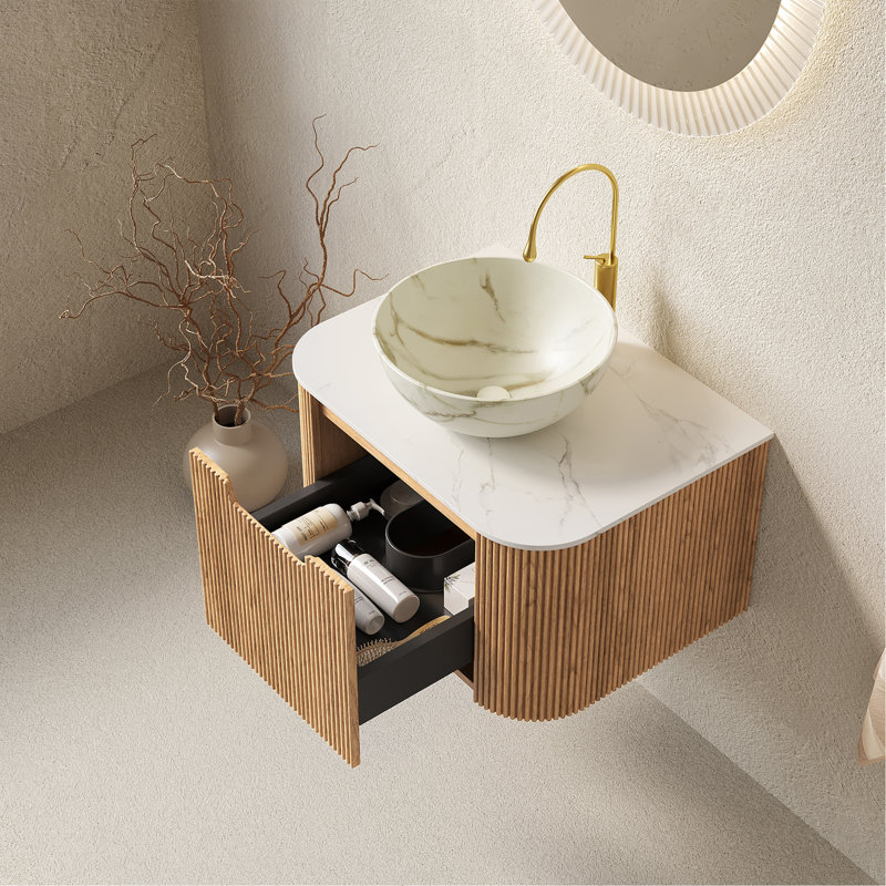 Meuble-lavabo pour salle de bain, meuble de rangement rayé à bords arrondis avec tiroir, cuve en céramique blanc mat et plateau en pierre frittée blanc de Carrare, pré-assemblé