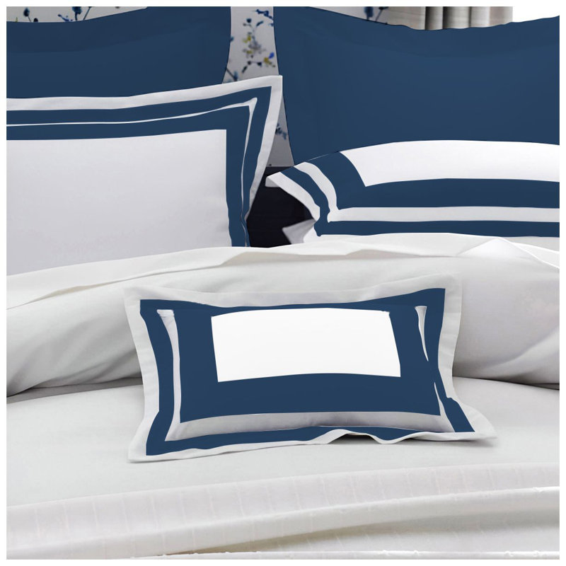 400TC Cotton Sateen Double Border Frame Duvet Cover Set, King Duvet Cover, White/Navy Blue