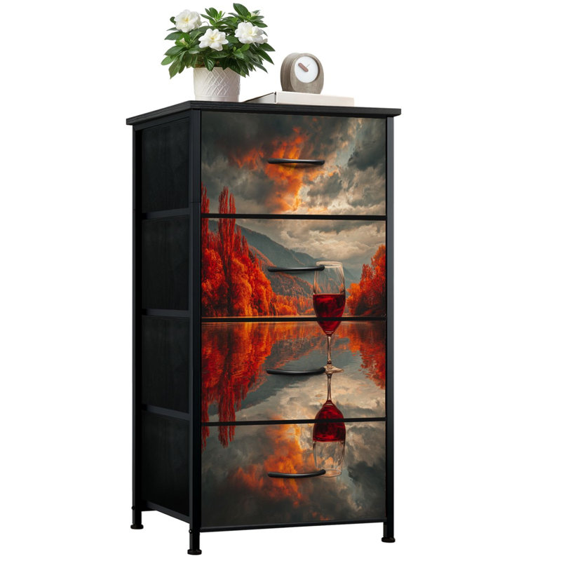 Commode pour chambre de rêve avec 4 tiroirs de rangement Ethereal Autumn Scène Floating Fiery Foliage Reflections Commode