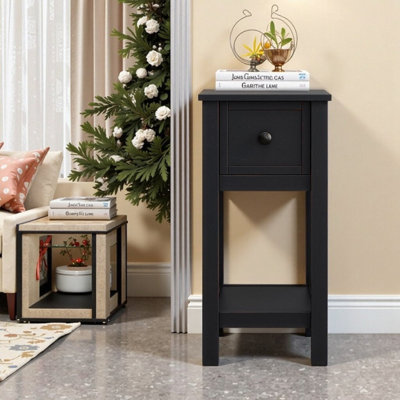 Narrow Solid Wood Veneer End Table With Storage Drawer And Fixed Shelf