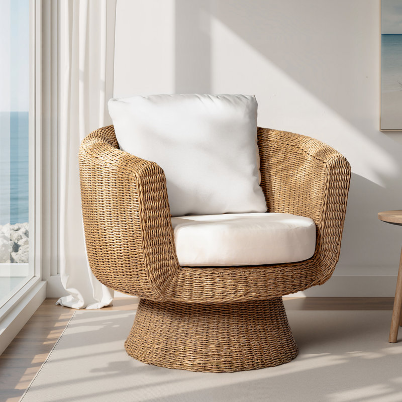 Anesty Maitea 36"W Coastal Rattan Swivel Barrel Chair with Removable Cushions
