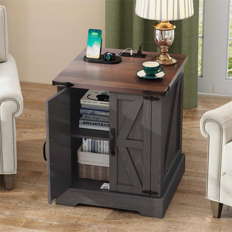 Rustic Wood Nightstand with Adjustable Shelf,with Charging Station, Grey/Deep Walnut
