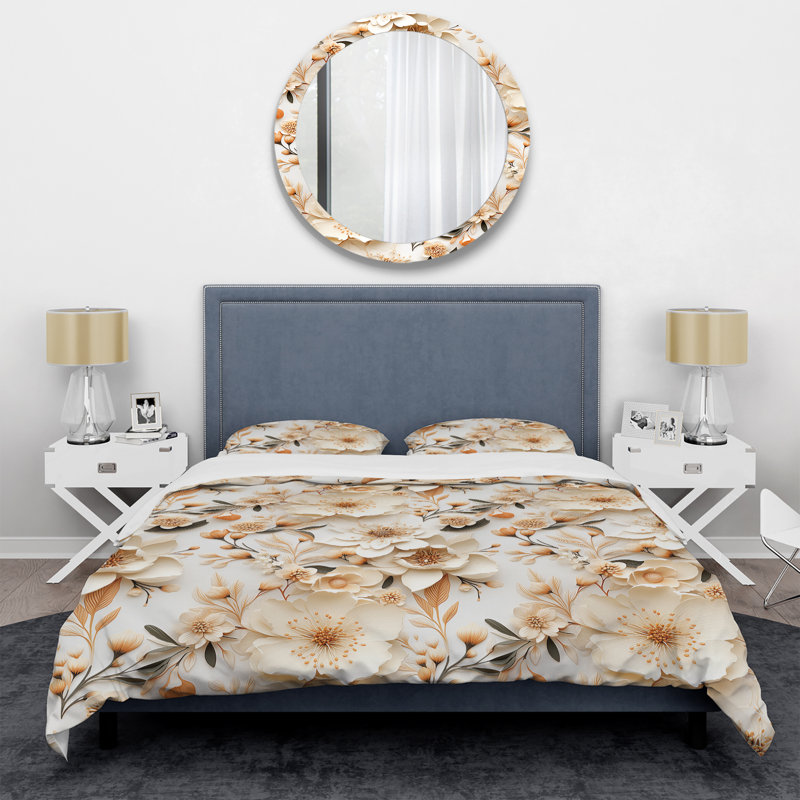 Ensemble de housse de couette floral pêche et blanc, Housse de couette pour très grand lit et 2 très