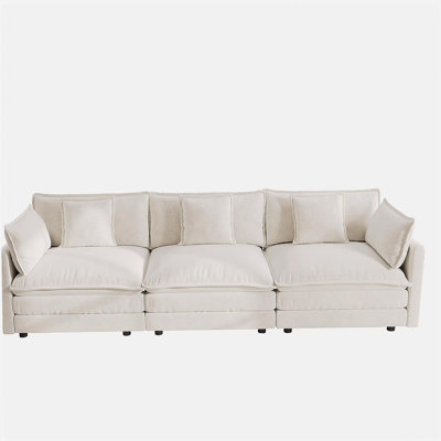 Canapé 3 places Mid-Century moderne avec 2 accoudoirs et 3 coussins décoratifs, canapé pour le salon Chenille blanc