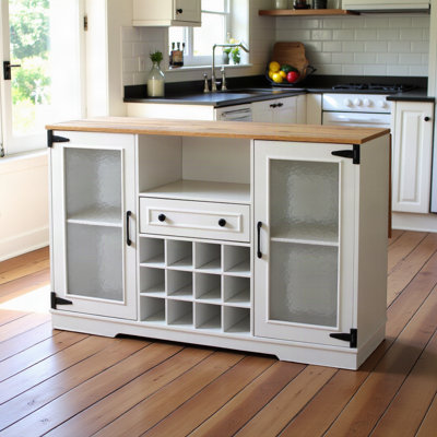 Wine Cabinet with Drop Leaf, Foldable Melamine Top Cabinet with Wine Cubes and 2 Water-Ripple Glass Doors, Multiple Control LED Light, Farmhouse Cabin