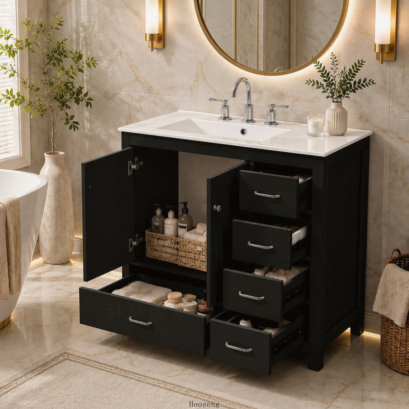 Meuble-lavabo noir de 91 cm (36 po) avec lavabo en céramique, 2 portes à fermeture en douceur et 5 tiroirs, Black, Silver