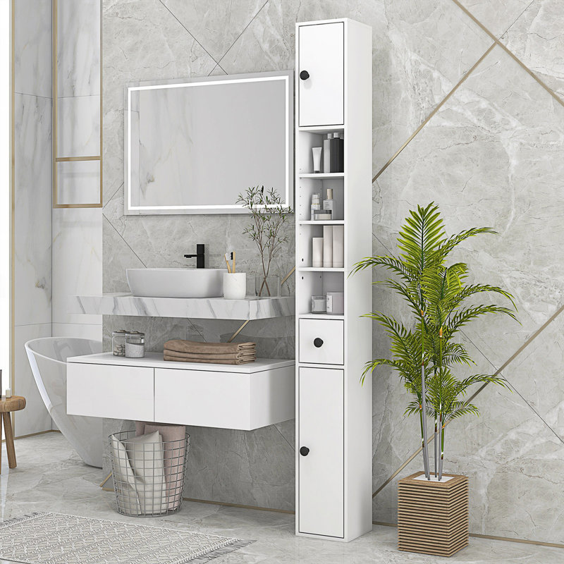 Grande armoire de rangement moderne pour salle de bain, armoire de toilette étroite avec tablettes ouvertes