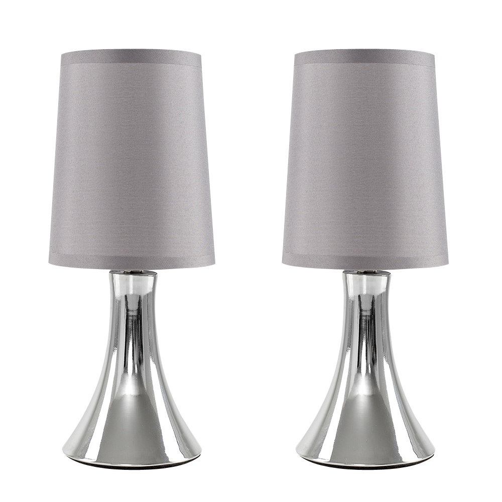 Pair of Small Modern Chrome Trumpet Touch Table Lamps Bedside Lights with Grey Fabric Shades