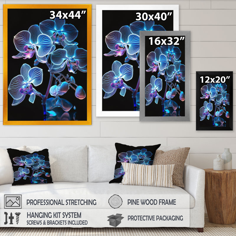 «Blooming Orchid in Fluorescent Mauve and Blue III», reproduction sur toile, L 12 po x H 20 po, Cadre photo doré