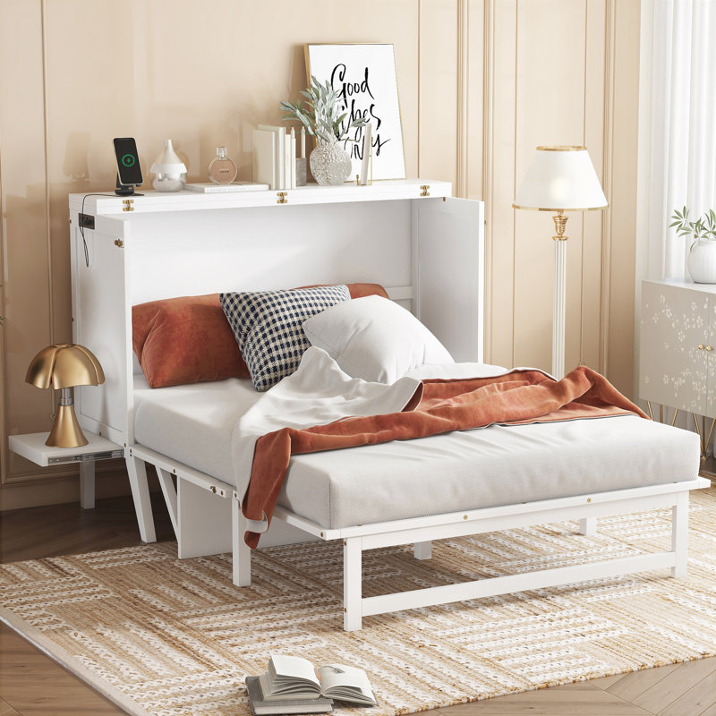 Benoit Murphy Bed with USB Port and Removable Shelves on Each Side, White, Queen