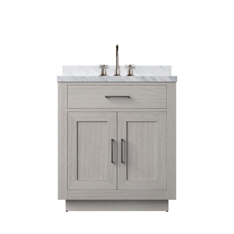 Meuble-lavabo simple en chêne blanc 30 po X P 22 po D, dessus en marbre de Carrare et ensemble de robinet
