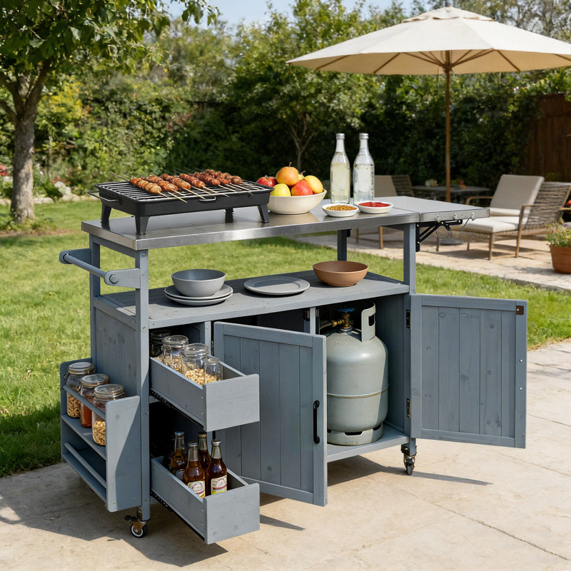 Îlot de cuisine 54,33 po avec plateau en acier inoxydable, Bleu gris