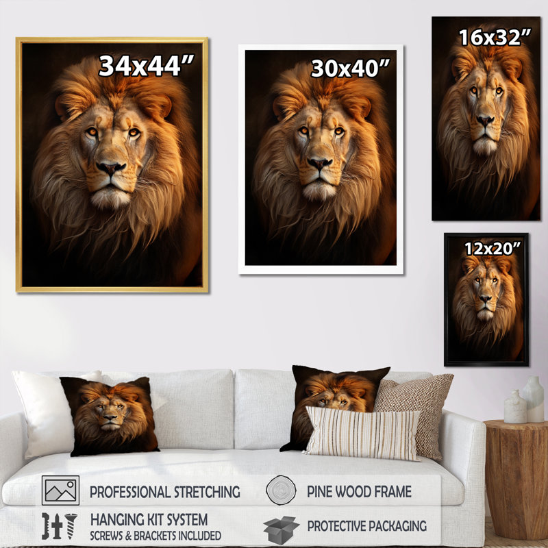 Lion Regal Majesty Lion - Lion, art mural, H 20 po x l 12 po x P 1 po, Cadre flottant blanc