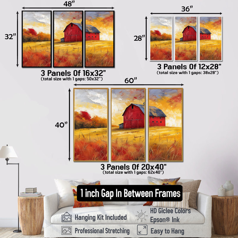 Automne rouge grange brise III - ensemble d'art mural de grange, Cadre flottant brun, H 40 po x l 60 po