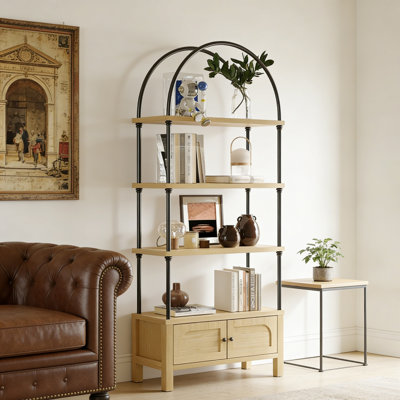 Arched Bookshelf With Door, Wooden Storage Bookcase, Heavy-Duty Shelving Unit, Stylish Display Organizer For Living Room & Office