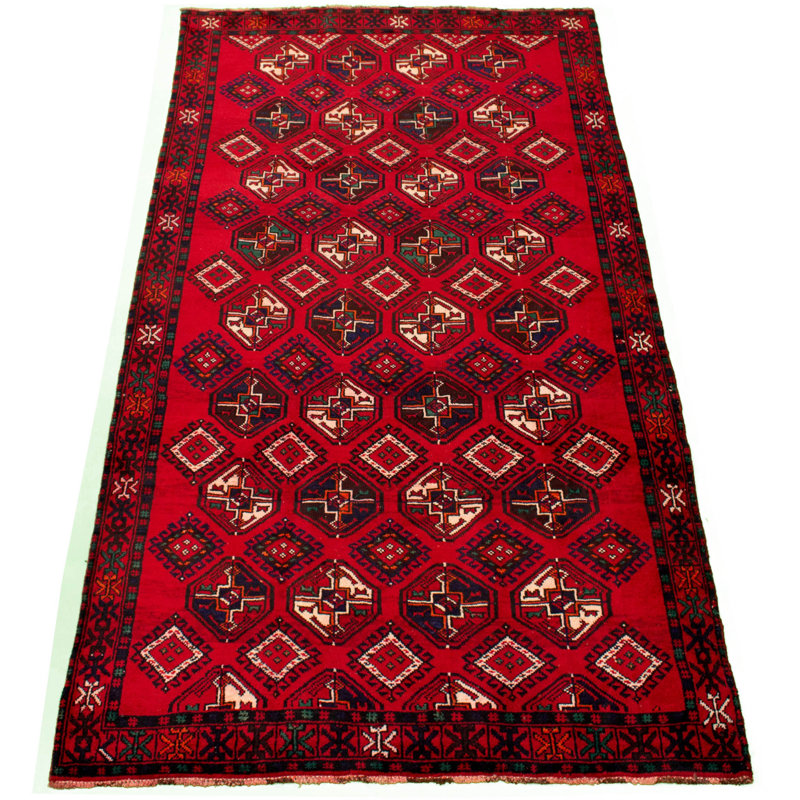 Tapis décoratif en laine de conception unique noué à la main des années 1990 esari turkman rouge 5 pi 1 po x 9 pi 7 po