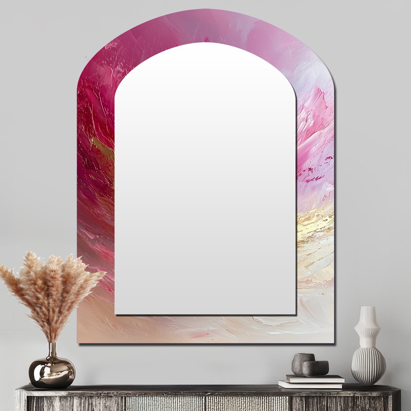 Or et rose océan encre harmonie II - peinture abstraite arche miroir décoratif, miroir mural asymétrique doré, impression d'art en métal