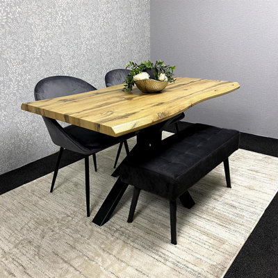 Wood Dining Set with Tufted Velvet Chairs & Black Velvet Bench