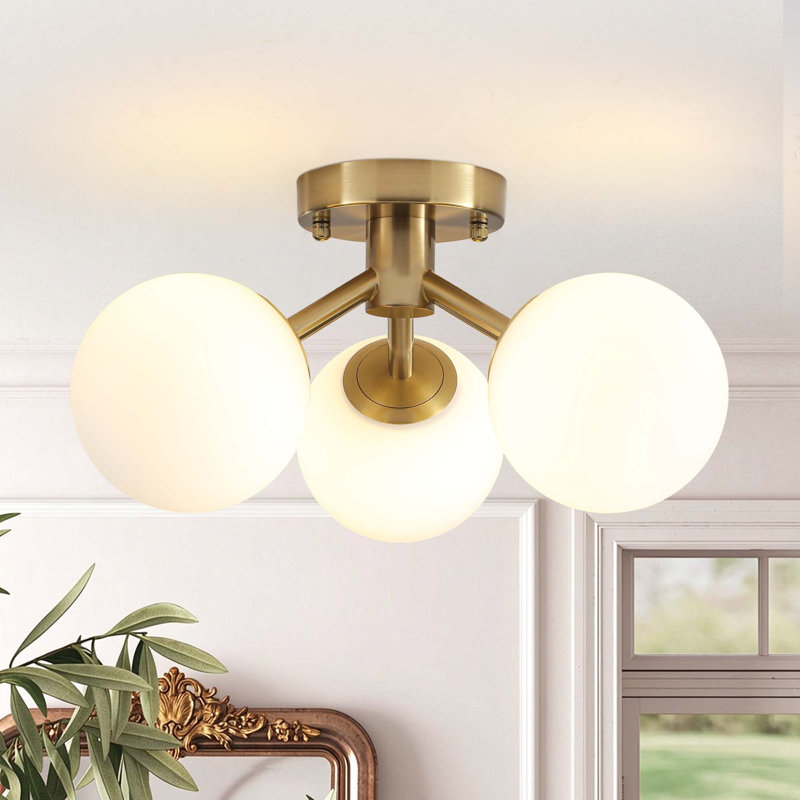 Plafonnier semi-encastré moderne à trois lumières avec globe en verre et abat-jour opale à bulles, Laiton, 3