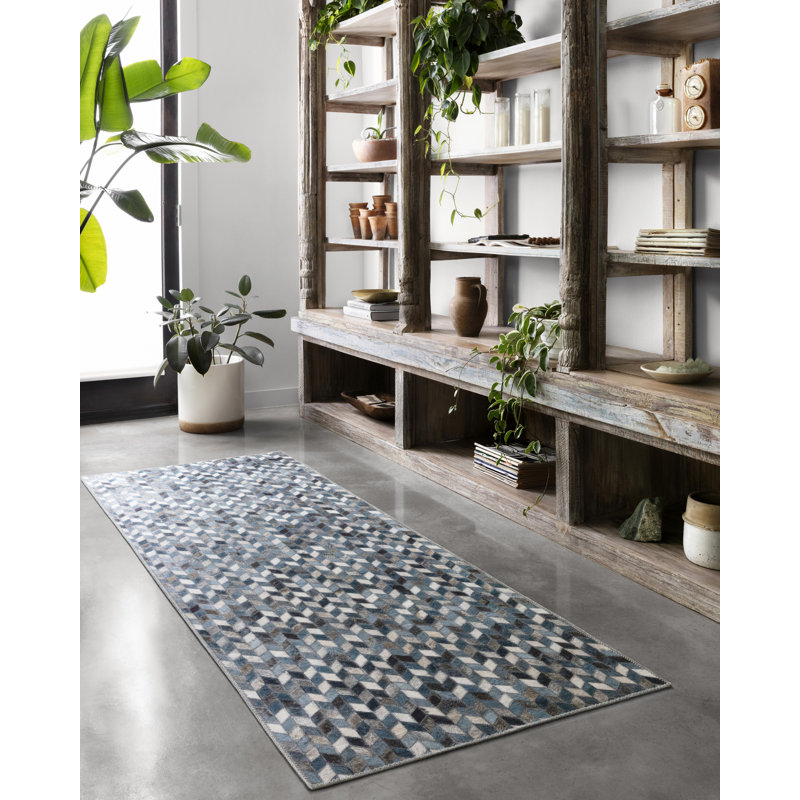 Tapis bleu à motif géométrique Rogers, Carré 1 pi 6 po