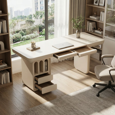 70.9'' White Cream Writing Desk with Storage, Modern Wood Executive Desk Computer Desk for Workstation