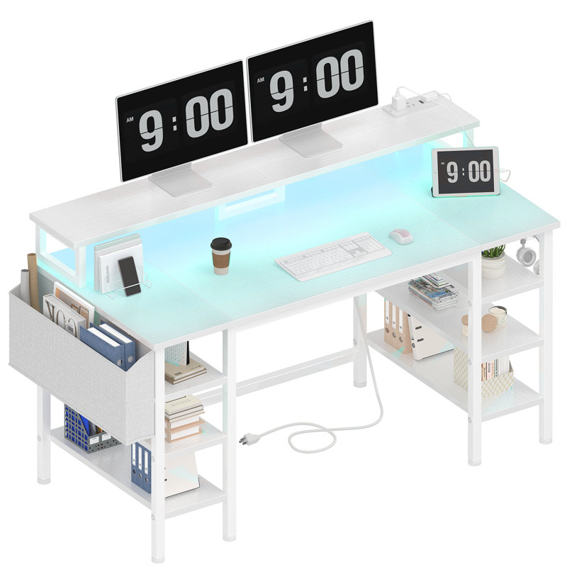 Iron Computer Desk with Built-In Electrical Outlet, White