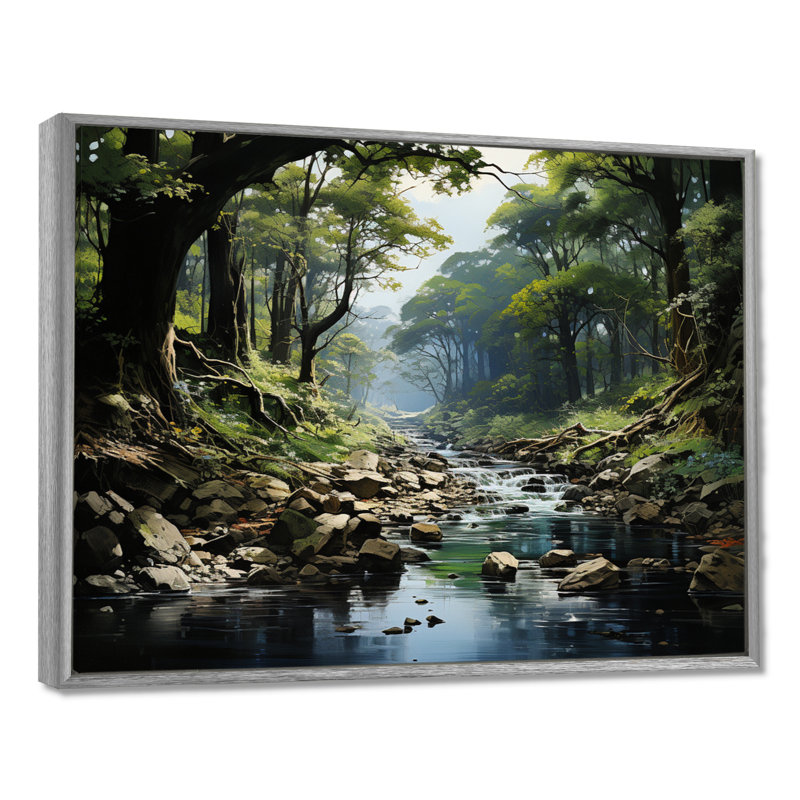 «Gentle River Through Country Charm Forest», art mural forêt fluviale, H 30 po x l 40 po x P 1,5 po, Encadrement argenté