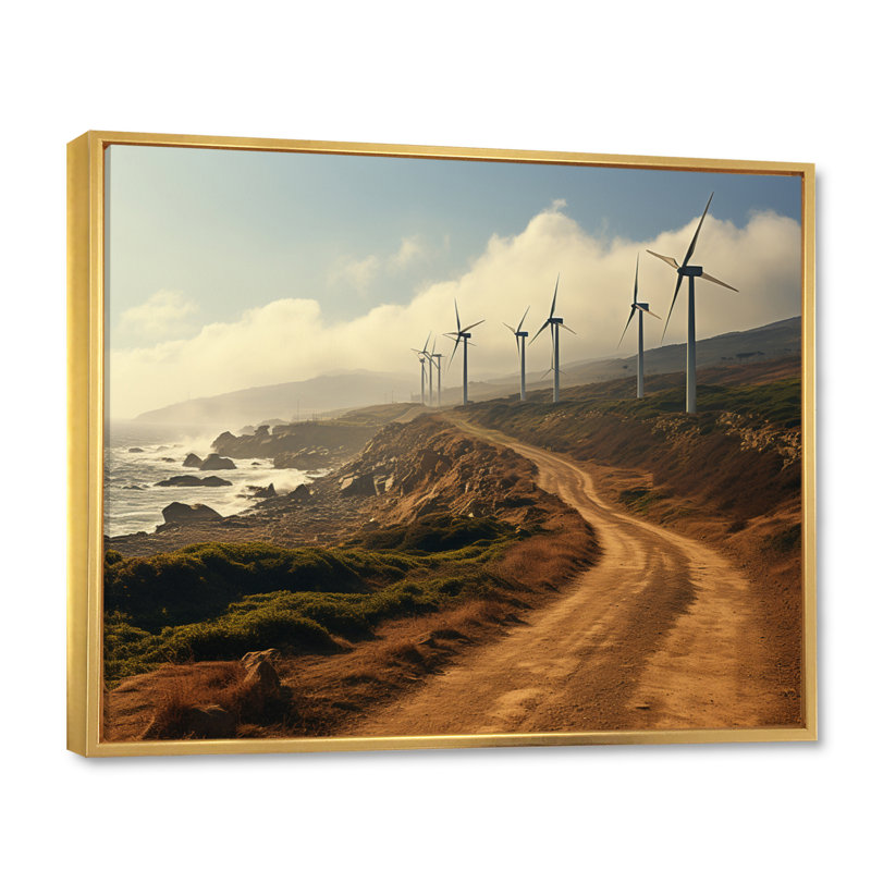 Wind Turbines Industrial Landscape II - reproduction sur toile, Cadre flottant doré, H 34 po x l 44 po x P 1,5 po