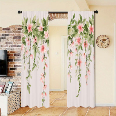 2 Panels Blooming Pink Floral Vine Pattern Light Filtering Curtain Watercolor Botanical Garden Design Rod Pocket Design All Season Window Curtains for Living Room Bedroom Study and Cabinet Decoration
