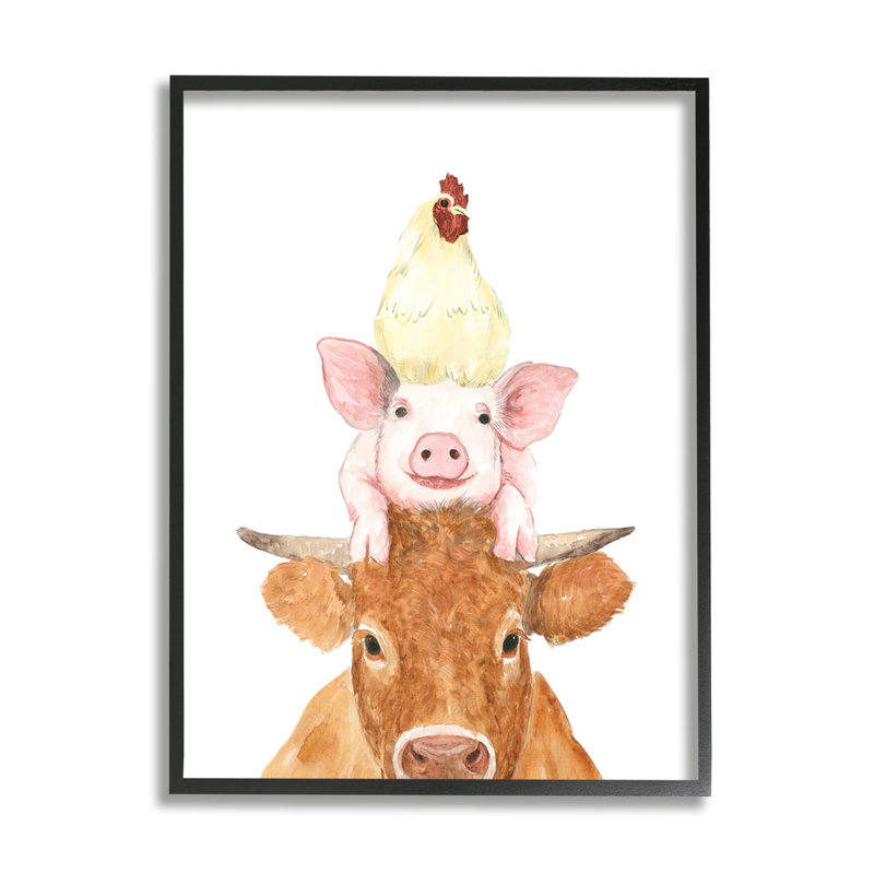 Illustration de poule de vache empilée par une échelle blanche, L 24 po x H 30 po, Giclée encadrée noir minuit