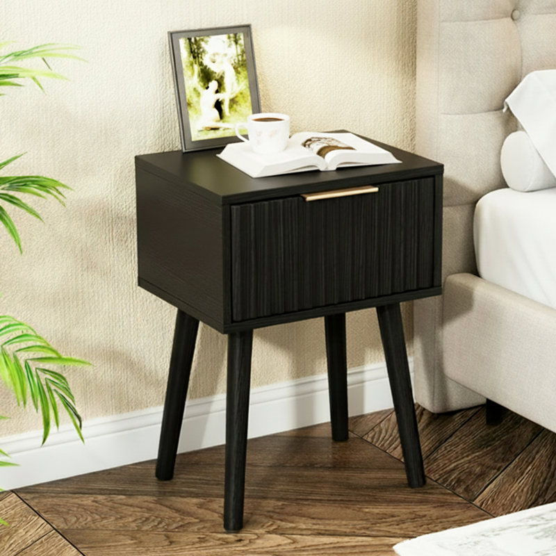 15.7" Black Relief Nightstand, Particleboard & MDF, Melamine & Vacuum Forming, 1 Drawer, High Leg (2 Pcs), Black