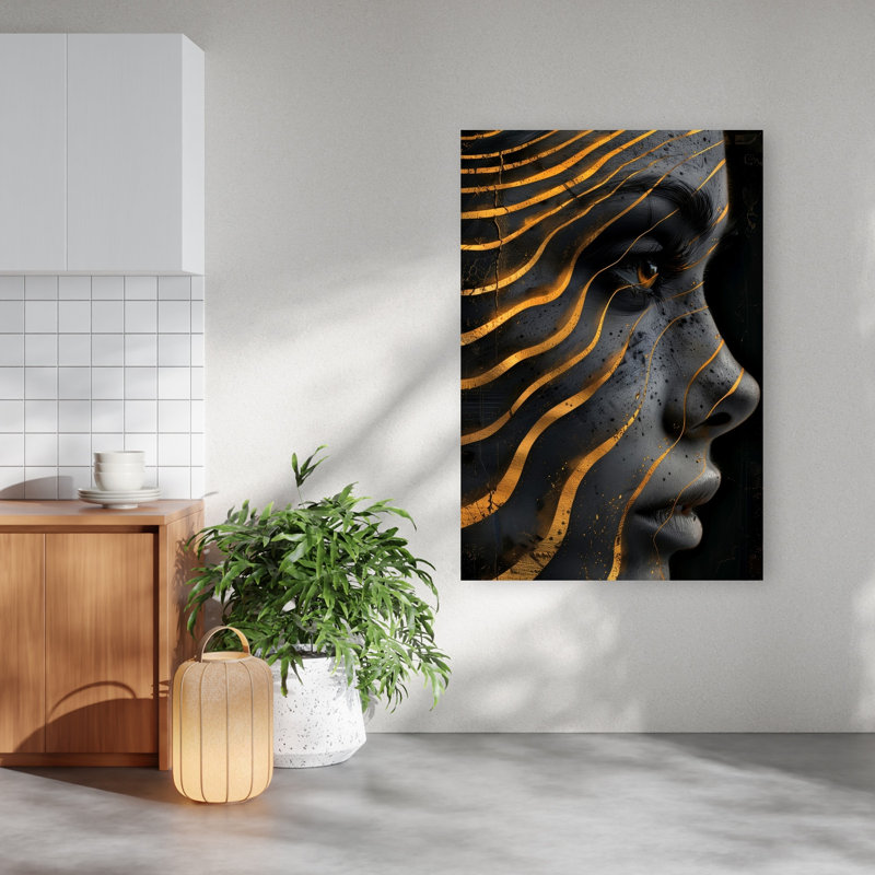 «Golden Lined Profile Elegant Contemporary Portrait Architecture», art mural, H 60 po x l 40 po