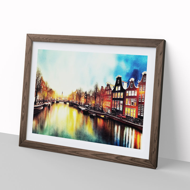 Amsterdam Canal Watercolour Vol.2 - Single Picture Frame Print, 46cm H x 64cm W x 2cm D, Walnut