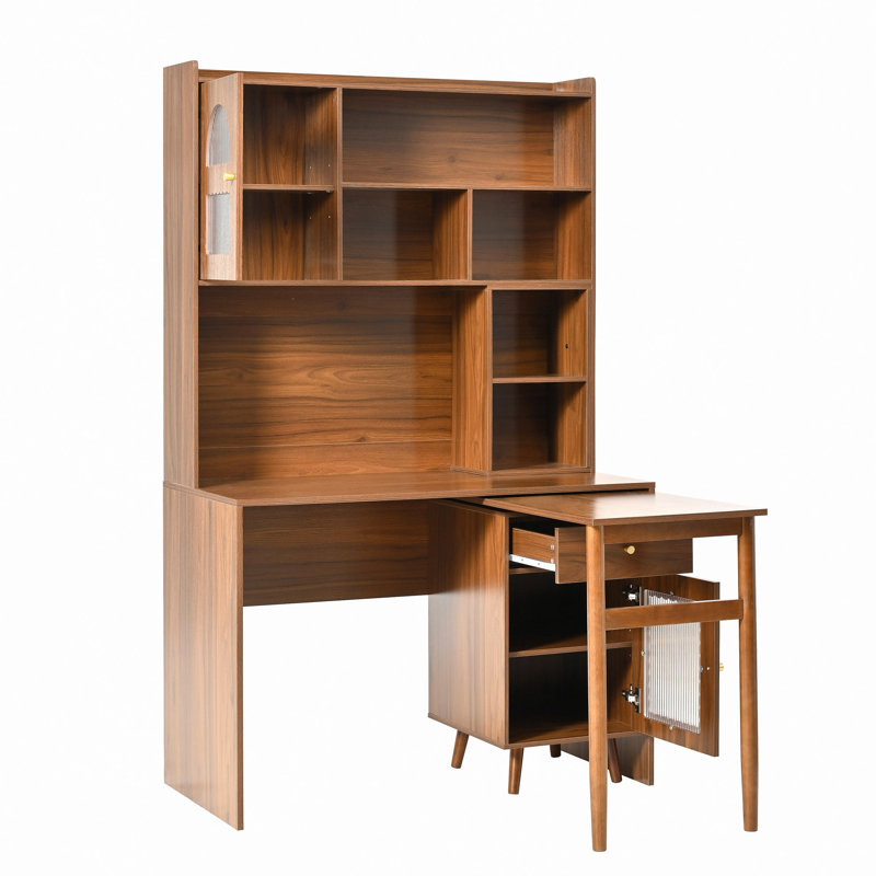 Bureau d'ordinateur multifonctionnel avec bureau rotatif et armoires de rangement, Noyer