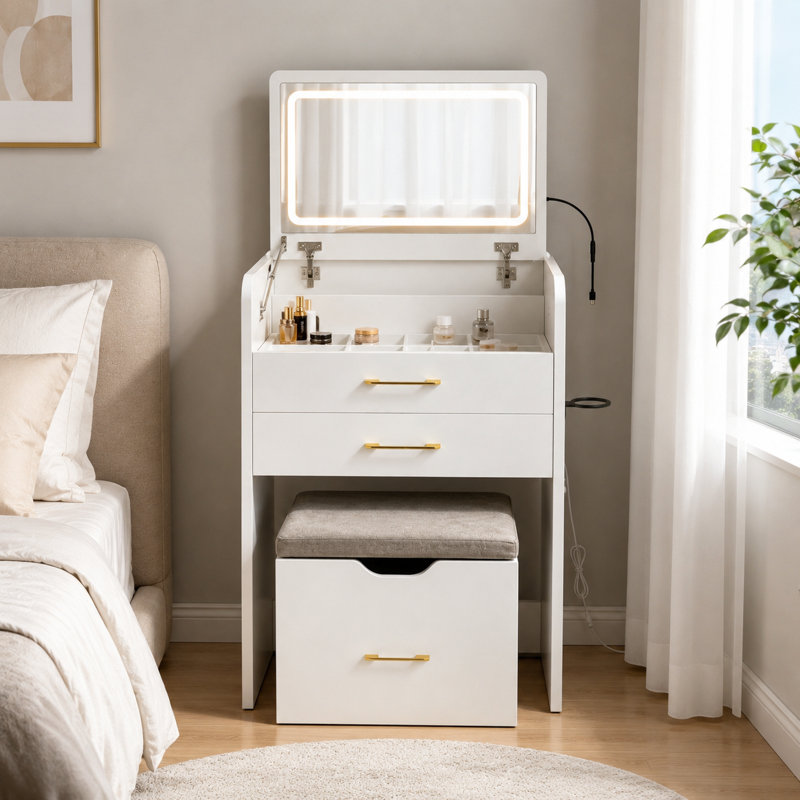 Meuble-lavabo 3 en 1 avec miroir à DEL et prise de courant, table de maquillage à plateau rabattable avec plateau en verre et tabouret rembourré