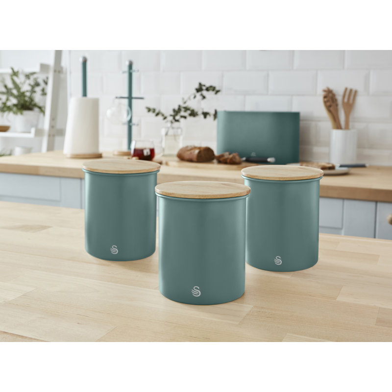 Swan Nordic Scandi Set of 3 Storage, Tea, Coffee and Sugar Canisters, Steel, Bamboo Lid, One Size, Green